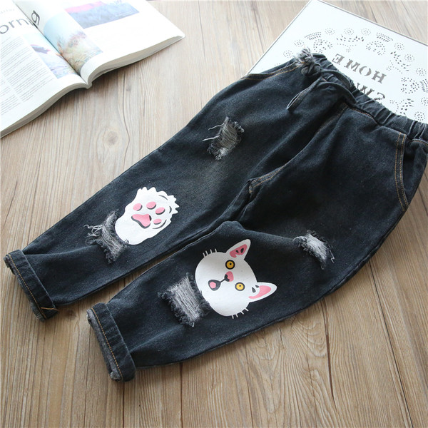 Κομψά παιδικά τζιν για κορίτσια - σχισμένα με ελαστική μέση και εφαρμογή της γάτας