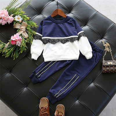 Αθλητικό-κομψό παιδικό σετ για κορίτσια - μπλούζα με δαντέλα + παντελόνι, σε δύο χρώματα