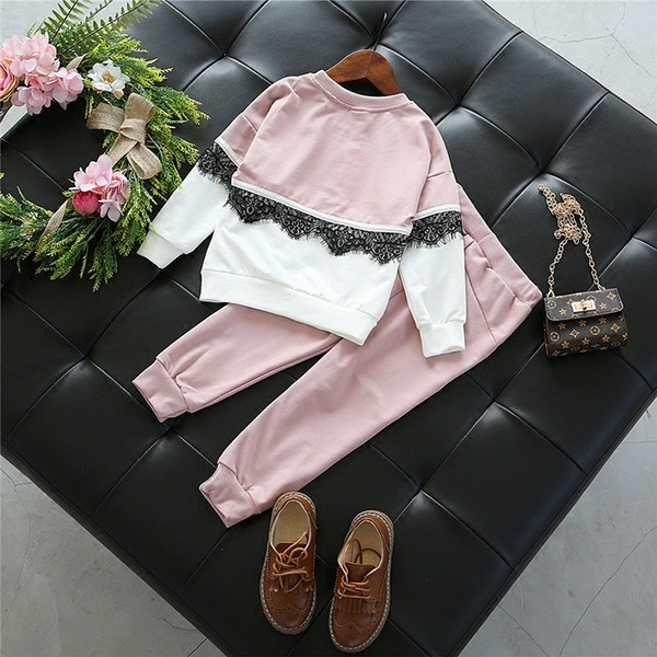 Αθλητικό-κομψό παιδικό σετ για κορίτσια - μπλούζα με  δαντέλα + παντελόνι, σε δύο χρώματα