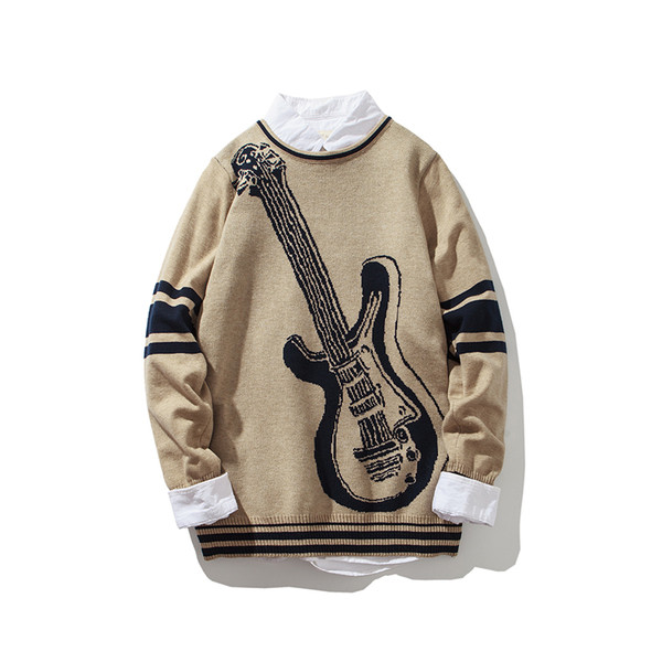 Зимен мъжки пуловер в сив, бежов и черен цвят с изображение