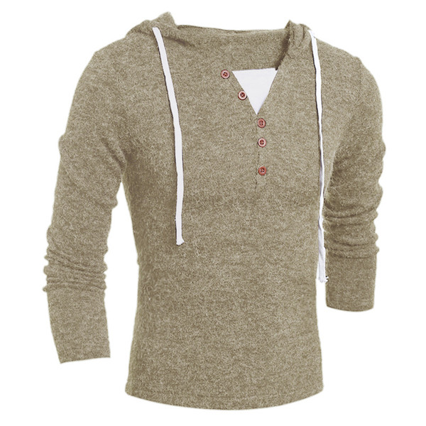 Вълнен мъжки пуловер с V-образно деколте и качулка