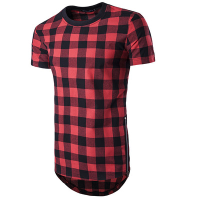 Стилна мъжка тениска с асиметрична дължина на каре в червен цвят