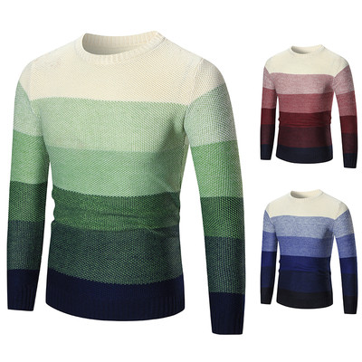 Есенно-зимен плетен пуловер на райе в три цвята