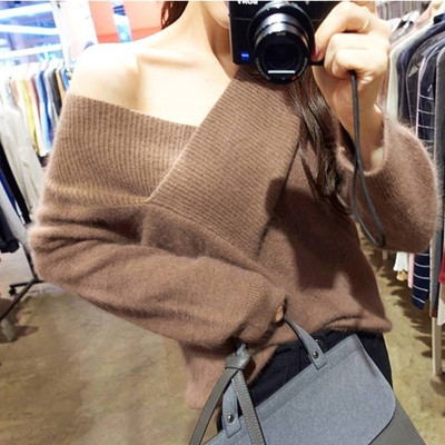 Много стилен дамски вълнен и топъл пуловер с V-образно деколте