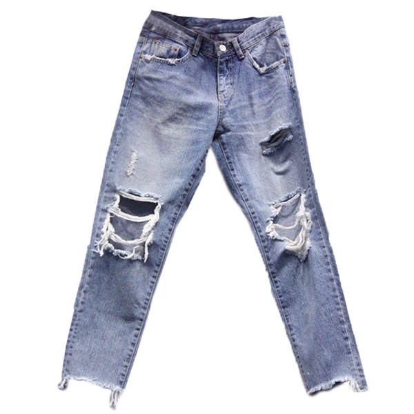 Κομψά γυναικεία τζιν για το φθινόπωρο - σκισμένη με ψηλή μέση