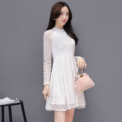 Άνετο γυναικείο φόρεμα με κολάρο σε σχήμα O, δαντέλα και μακριά μανίκια