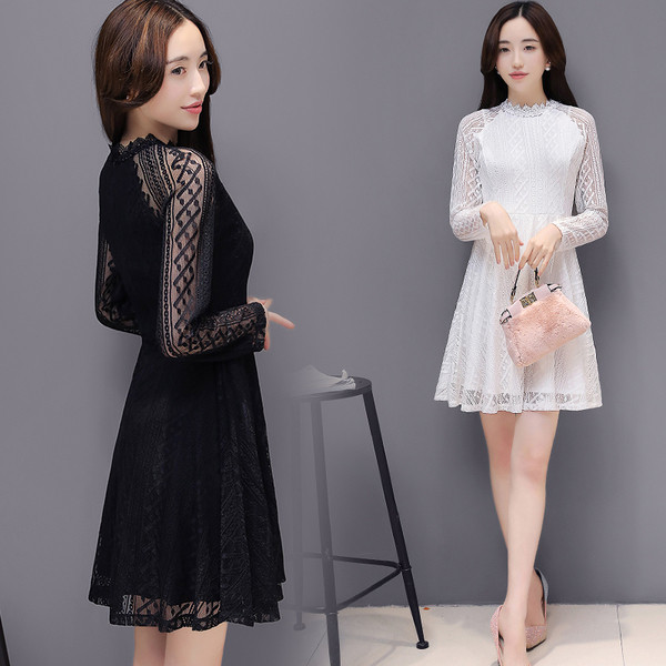 Άνετο γυναικείο φόρεμα με κολάρο σε σχήμα O, δαντέλα και μακριά μανίκια