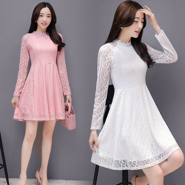 Άνετο γυναικείο φόρεμα με κολάρο σε σχήμα O, δαντέλα και μακριά μανίκια