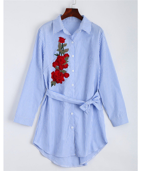 Γυναικείο μακρύ ριγέ πουκάμισο με  floral κεντήματα