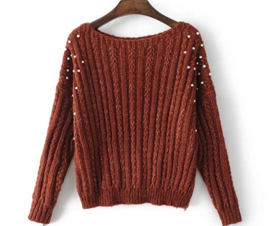 Κομψό γυναικείο πουλόβερ με κολάρο σε σχήμα O και όμορφα μαργαριτάρια