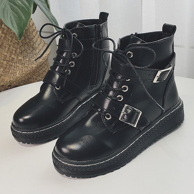 Стилни ретро дамски боти с катарами и връзки на равна подметка