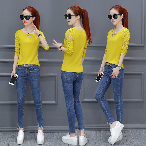 Γυναικεία μπλούζα γιατην άνοιξη και το φθινόπωρο με δαντελοτά μανίκια 