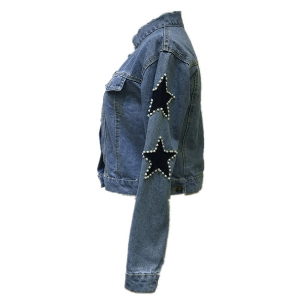 Κομψό γυναικείο τζιν  μπουφάν με διακοσμητικά αστέρια και πέτρες