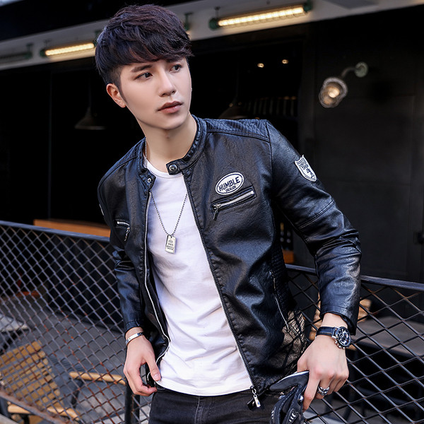 Ανδρικό casual δερμάτινο μπουφάνμε κολάρο σε σχήμα O