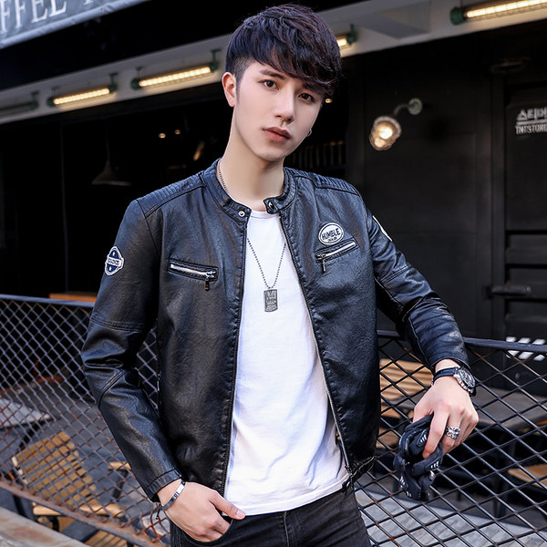 Ανδρικό casual δερμάτινο μπουφάνμε κολάρο σε σχήμα O