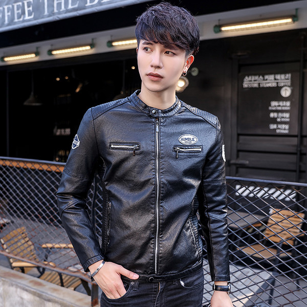 Ανδρικό casual δερμάτινο μπουφάνμε κολάρο σε σχήμα O