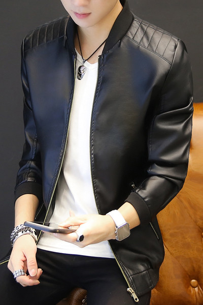 Καθημερινό δερμάτινο μπουφάν ανδρικό με κολάρο σε σχήμα O, 4 χρώματα