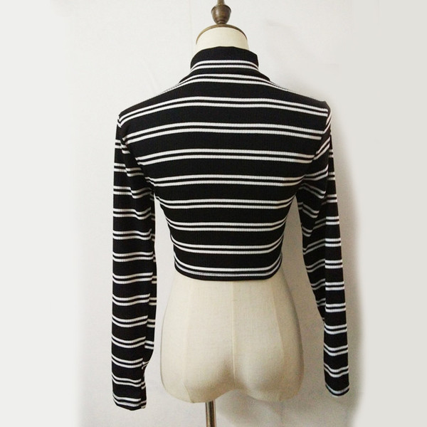 Σύντομη πλεκτή γυναικεία μπλούζα με κολάρο και ριγέ φερμουάρ