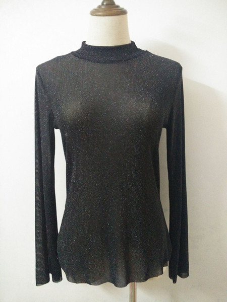 Κομψή γυαλιστερή γυναικεία μπλούζα - διαφανής με κολάρο 