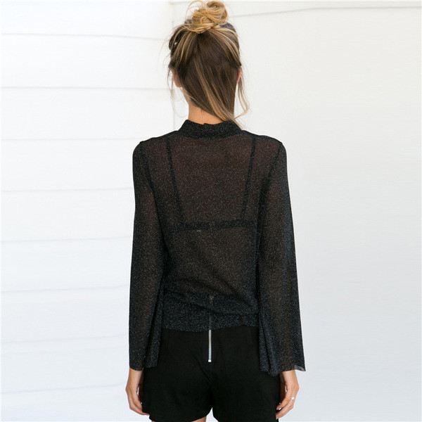 Κομψή γυαλιστερή γυναικεία μπλούζα - διαφανής με κολάρο 