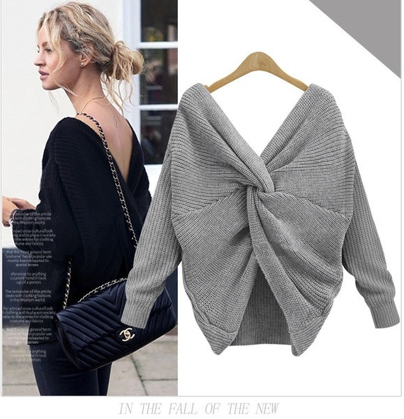 Топъл плетен дамски пуловер с ефектен гръбвя