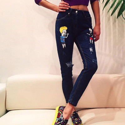 Ежедневни дамски дънкови панталони с шарени принтове