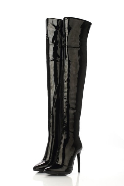 Страхотни дамски лачени дълги ботуши с висок тънък ток