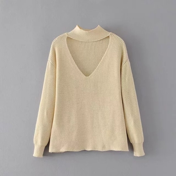 Γυναικείο πλεκτό πουλόβερ με V-λαιμό και κολάρο 