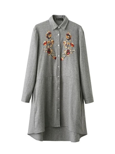 Μοντέρνο γυναικείο πουκάμισο - μακρύ, με ασύμμετρο μήκος και κεντήματα