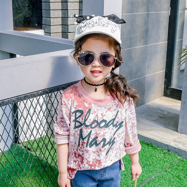 Κομψή παιδική μπλούζα βελούδου για κορίτσια με επιγραφή