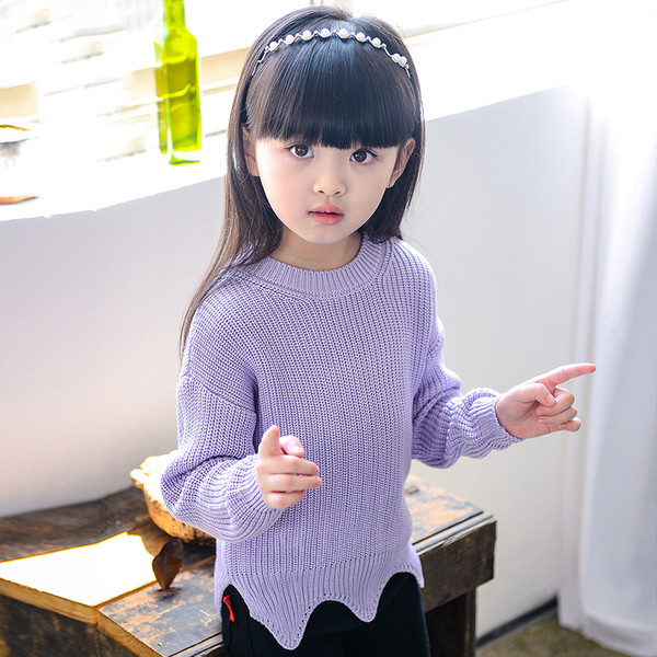 Стилен плетен детски пуловер за момичета в три цвята