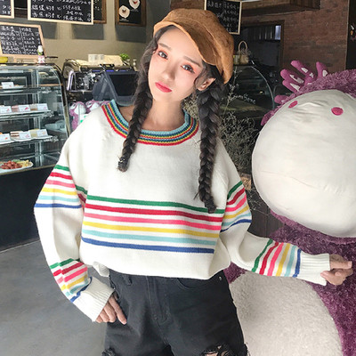 Сладък дамски пуловер с цветни ленти и О-образна яка