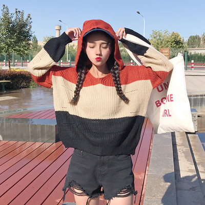 Есенно-зимен плетен дамски пуловер с качулка в три разцветки