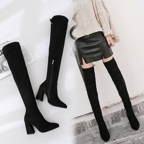 Casual γυναικείες υψηλές μπότες με παχιά τακούνια και φερμουάρ