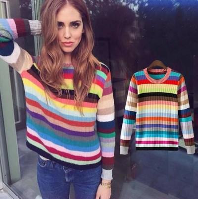 Ежедневен дамски пуловер с О-образна яка в преливащи цветове
