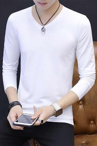 Мъжка есенна изчистена слим блуза с дълъг ръкав с V-образна и О-образна яка