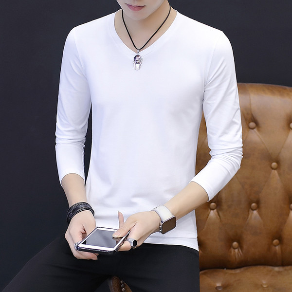 Мъжка есенна изчистена слим блуза с дълъг ръкав с V-образна и О-образна яка