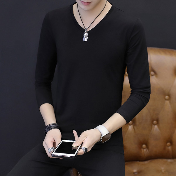 Мъжка есенна изчистена слим блуза с дълъг ръкав с V-образна и О-образна яка