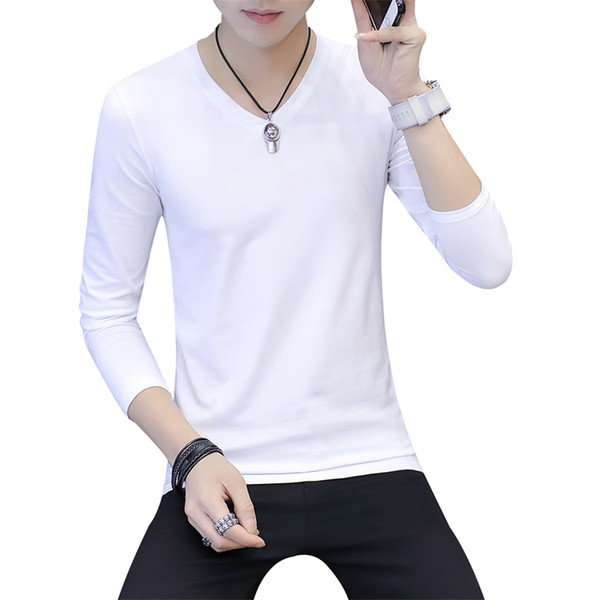 Мъжка есенна изчистена слим блуза с дълъг ръкав с V-образна и О-образна яка