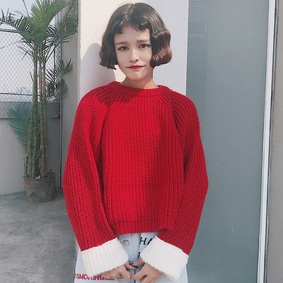 Плетен дамски пуловер в червен и черен цвят