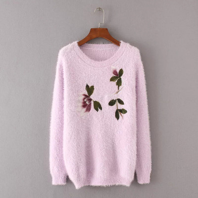 Πολύ κομψό μαλακό γυναικείο πουλόβερ με δαντέλα σε σχήμα O και λουλουδάτο κέντημα