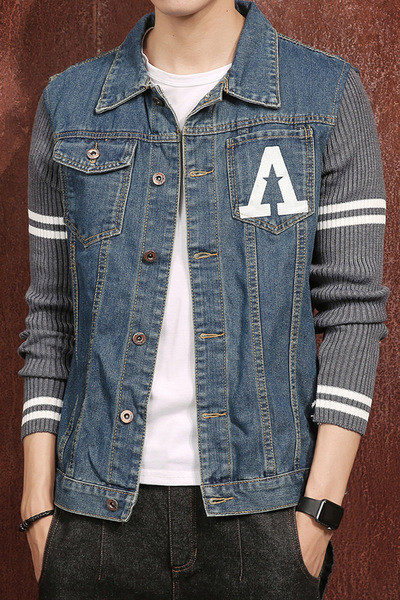 Ανδρικό μπουφάν τζην με ζεστά μανίκια από μαλλί