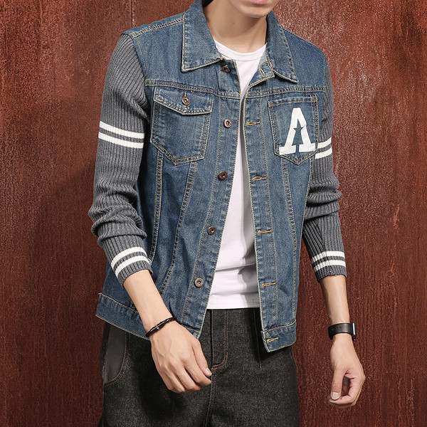 Ανδρικό μπουφάν τζην με ζεστά μανίκια από μαλλί