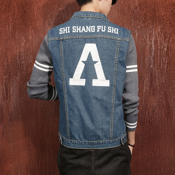 Ανδρικό μπουφάν τζην με ζεστά μανίκια από μαλλί