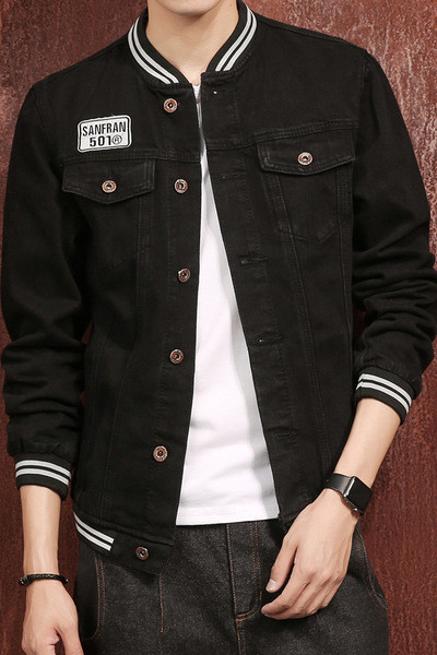 Ανδρικό μπουφάν τζην σε μαύρο χρώμα με μανίκι O-collar μπέιζμπολ