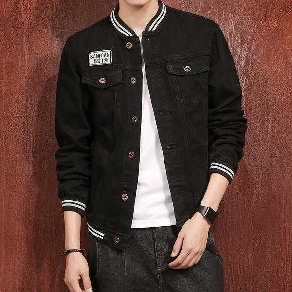 Ανδρικό μπουφάν τζην σε μαύρο χρώμα με μανίκι O-collar μπέιζμπολ