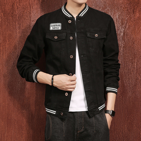 Ανδρικό μπουφάν τζην σε μαύρο χρώμα με μανίκι O-collar μπέιζμπολ