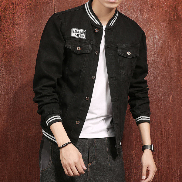 Ανδρικό μπουφάν τζην σε μαύρο χρώμα με μανίκι O-collar μπέιζμπολ