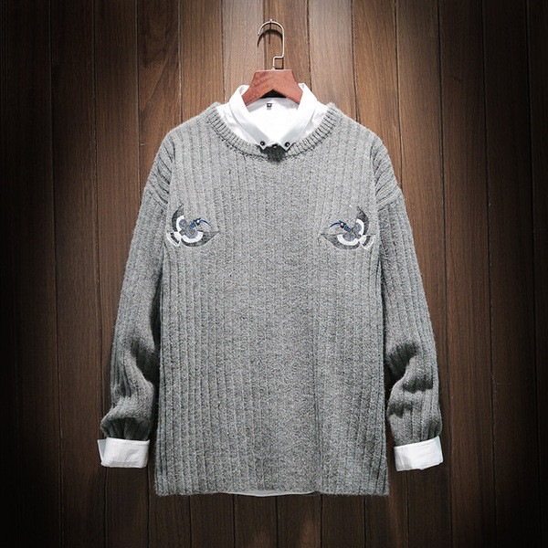 Ανδρικό πουλόβερ με μαλακό μαλλί και κολάρο σε σχήμα Γ σε γκρι και σκούρο γκρι χρώμα