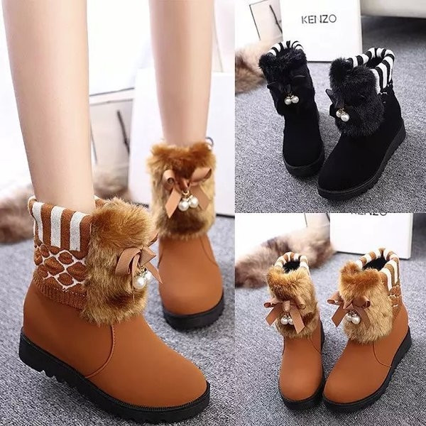 Зимни дамски непромокаеми боти с мек пух и лъскави перли 